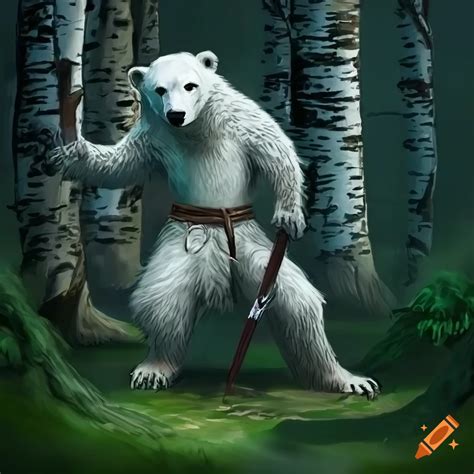 Digital Art Of A Polar Bear Warrior In Birch Tree Forest