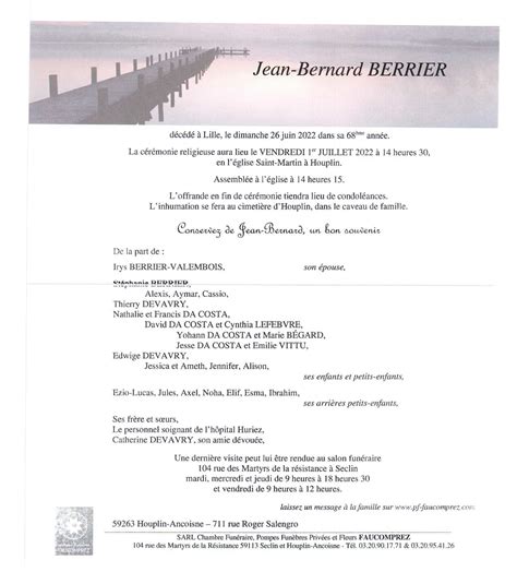 Monsieur Jean Bernard BERRIER Pompes Funèbres FAUCOMPREZ