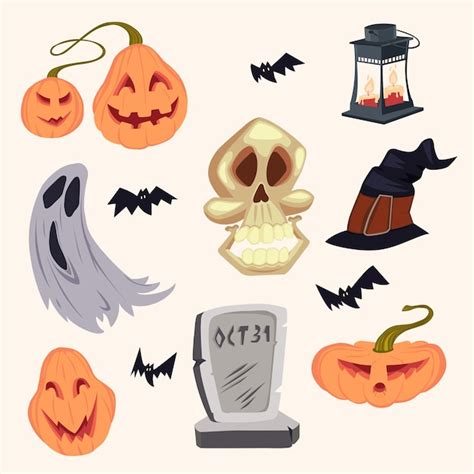 Premium Vector Halloween Objects Halloween Set With Bats Pumpkin Skull In A Hat Ghost And