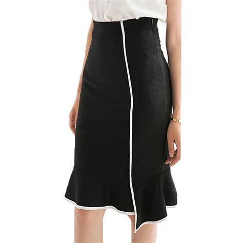 Women Elegant Wear To Work Office Ladies Bodycon Fitted Black Ruffle Irregular Skirt Brief