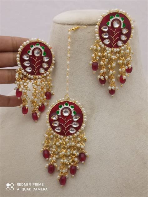 Golden Brass Meenakari Handmade Earring With Mangtika At Rs 350 Pair In