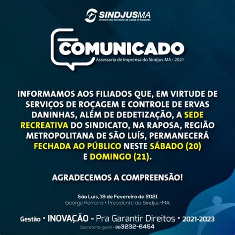 PORTAL SINDJUS MA Comunicado Sindjus Ma 2021 Em 19 02 2021