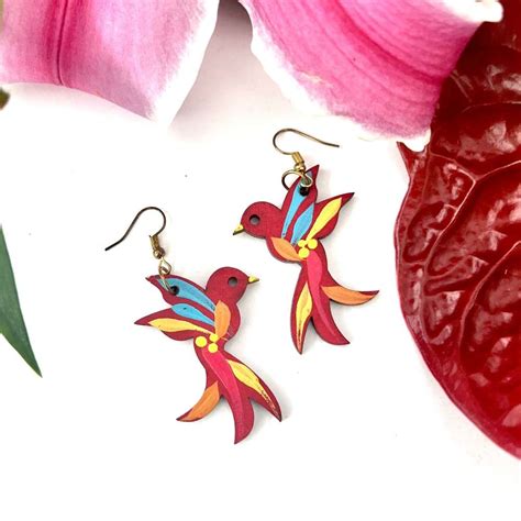 Aretes madera colibrí rojo Albor Arte Mx