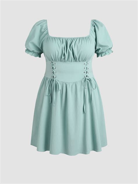 Woven Lace Up Corset Puff Sleeve Mini Dress Curve And Plus For Daily Casual