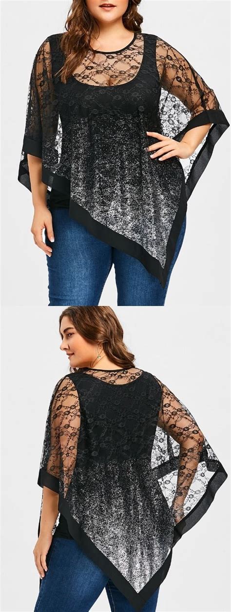 Plus Size Sheer Asymmetric Lace Overlay Blouse Ropa Blusas Bonitas