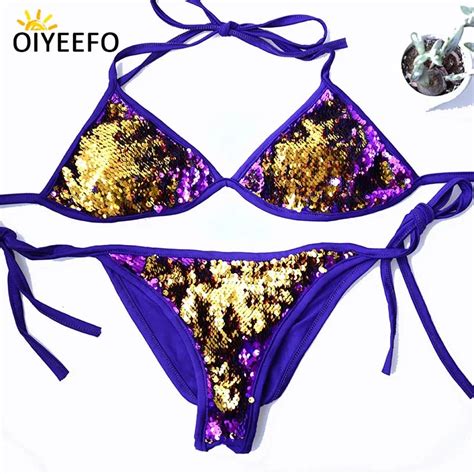 Oiyeefo Double Sides Shiny Purple Gold Sequins Bikini Brazilian