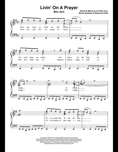 Livin On A Prayer By Bon Jovi Sheet Music For Piano Download Free In