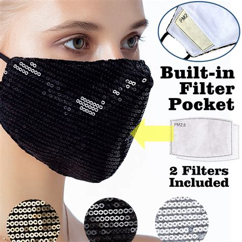 Sequin Face Mask With Filter Pocket Sparkling Mouth Covering Glitter