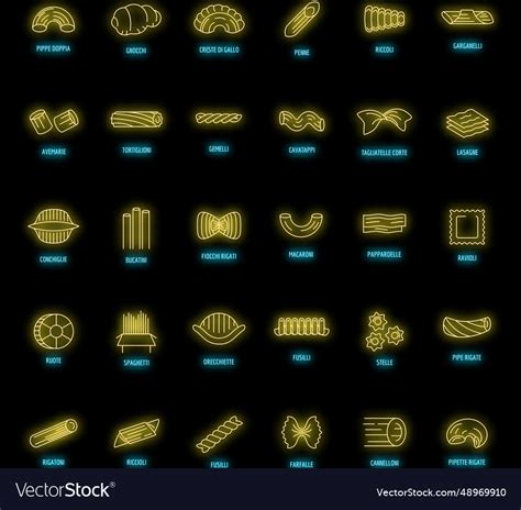 Macaroni Pasta Spaghetti Icons Set Neon Royalty Free Vector