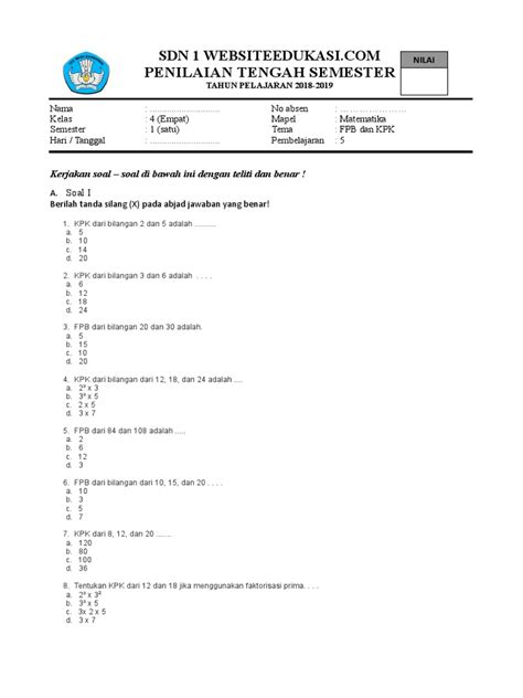 Soal Kpk Dan Fpb Kelas 4 Doc Tugas Sekolah