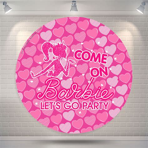 Pink Heart Lets Go Party Round Barbie Backdrop Lofaris