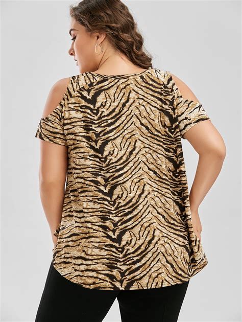 2018 Plus Size Tiger Printed Cold Shoulder T Shirt Tiger Print Xl In T