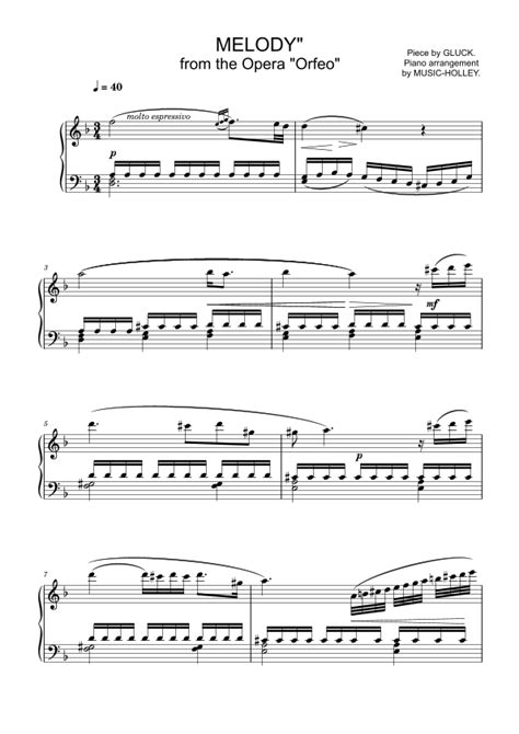 Gluck Melody From Orfeo Ed Euridice Easy Piano Sheet Arr Music