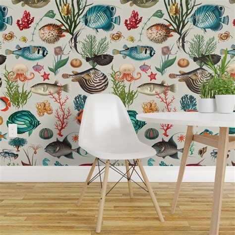 Peel Stick Wallpaper Ft Wide Beige Ocean Sea Creatures Fish Tropical