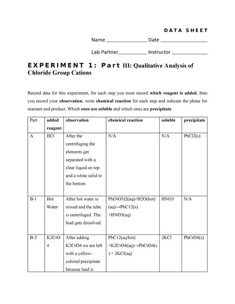 CHM1046L Exp 1 Part III Data Sheet D A T A S H E E T Name