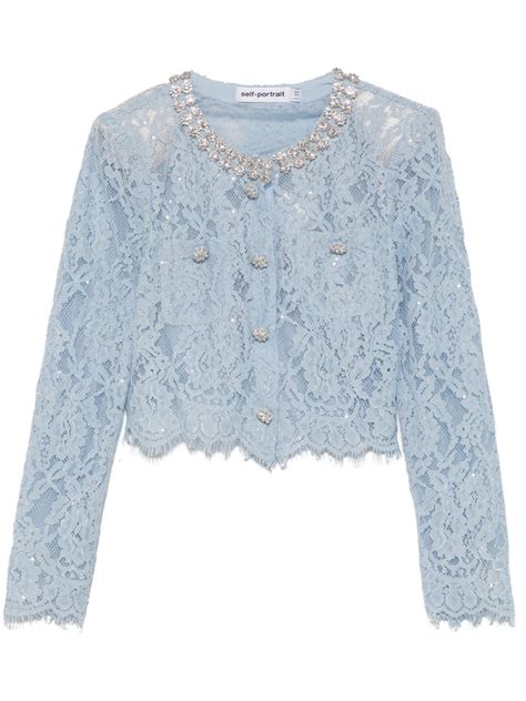 Self Portrait Lace Embellished Top Blue Farfetch