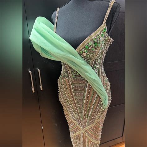 Dresses Stunning Handbeaded Emerald Nude Evening Gown Glamorous Formal Dress Poshmark