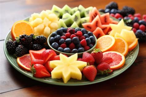 Premium Ai Image A Plate Of Colorful Fruits Cut Into Fun Shapes