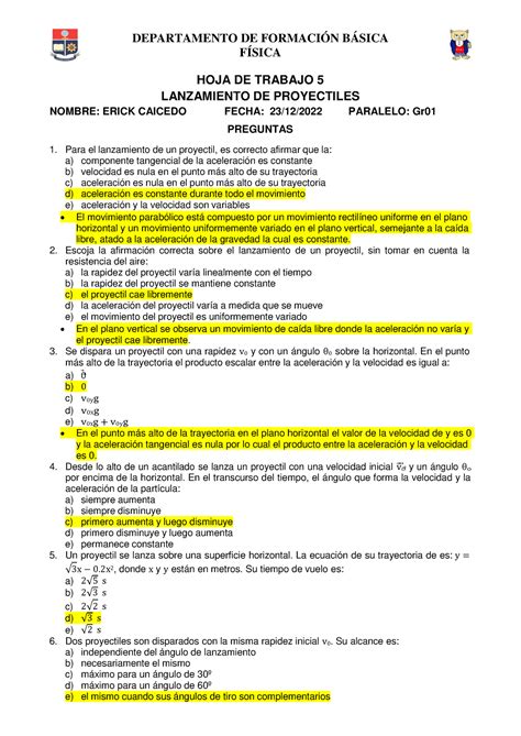 Hoja De Trabajo Lanzamiento De Proyectiles F Sica Hoja De Trabajo