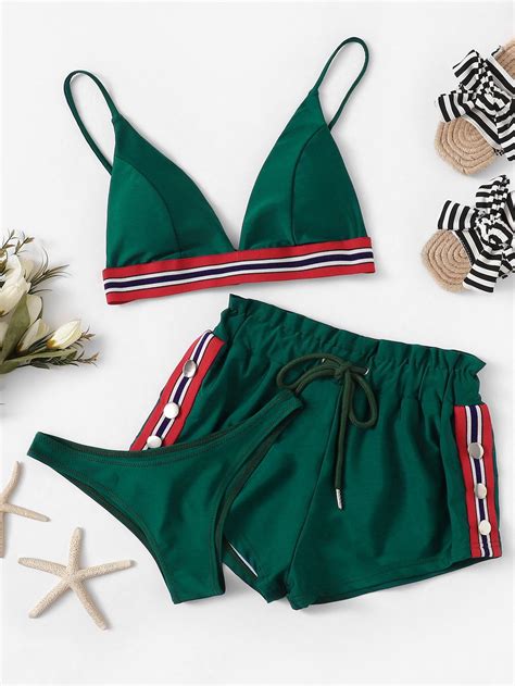 Striped Trim Bikini Set With Shorts 3packFor Women romwe Moda biquíni