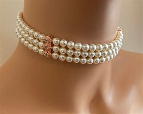 Pearl Choker Necklace Set Rose Gold 3 Strands Cream Ivory Pearls