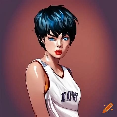 Comic Book Girl With Pixie Cut Black Hair And Blue Eyes In White