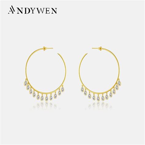 ANDYWEN New 925 Sterling Silver Gold 50mm Thin Line Hoop Drop CZ Pear