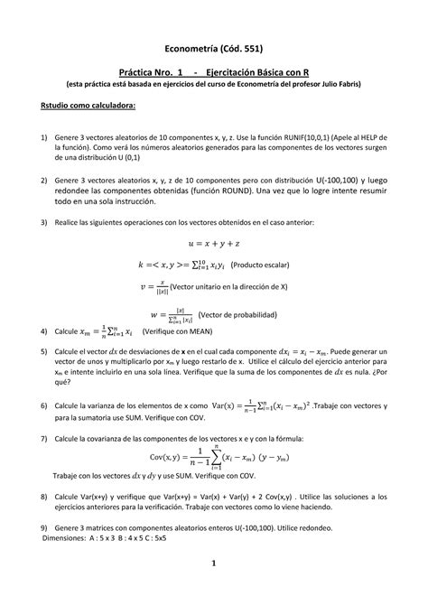 Guia Práctica 1 Ejercitación básica con R Econometría Cód 551