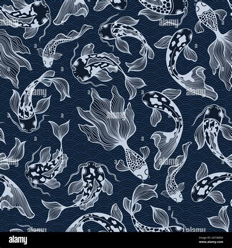 Japanese Koi Fish Vector Seamless Pattern In Deep Blue Colors For