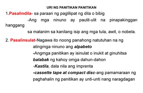 Mid Tarp FILIPINO NOTES URI NG PANITIKAN PANITIKAN 1 Pasalindila