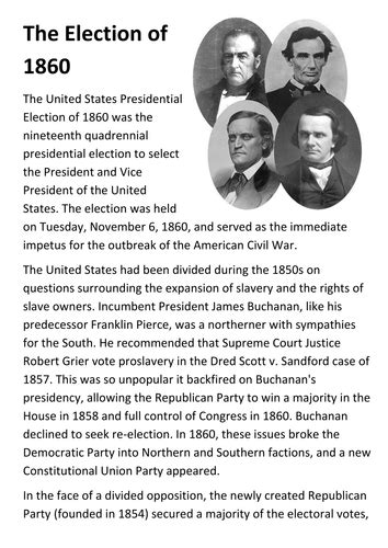 The Election Of 1860 Handout Teaching Resources