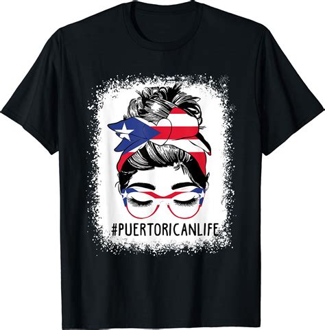 Women's Puerto Rican Life Messy Bun Hair Puerto Rico Flag T-Shirt Black ...