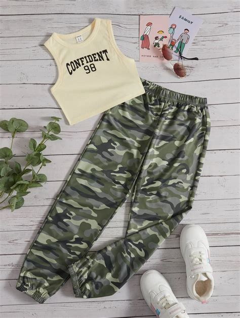 Shein Tween Girl Letter Graphic Tank Top And Camo Print Pants Shein Usa