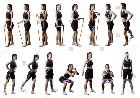 Set of different resistance band stretching exercises for legs or arms ...