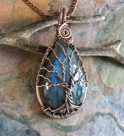 Labradorite Tree Of Life Pendant Necklace Wire Wrapped Golden Blue