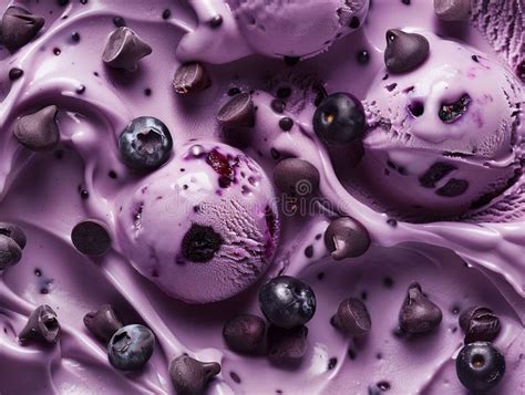 Blueberry Ice Cream With Blueberry And Chocolate Chips Close Up Food Photography Stock