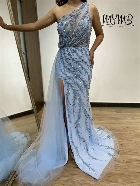 Robe De Soir E Bleu Clair Perles Tenue De C R Monie De Mariage Fente