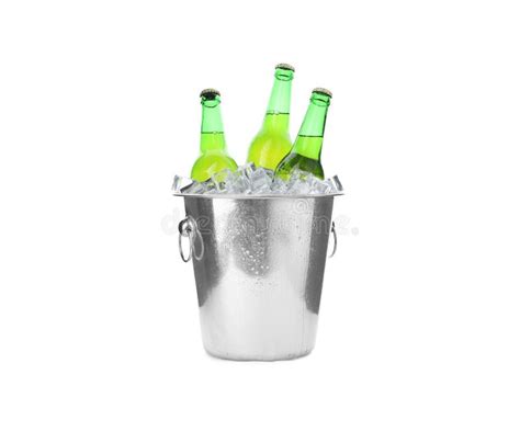 Metal Bucket With Bottles Of Beer And Ice Cubes Isolated Stock Image