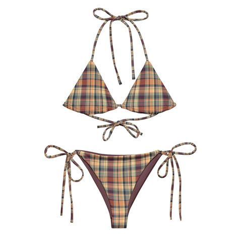 Preppy Bikini Plaid Bikini Set In Earthy Tones String Bikini Top Plaid Bikini Bottom Etsy