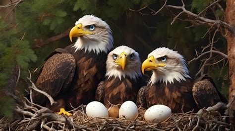 Premium Photo Three Bald Eagles Sitting In A Nest With Eggs In Front