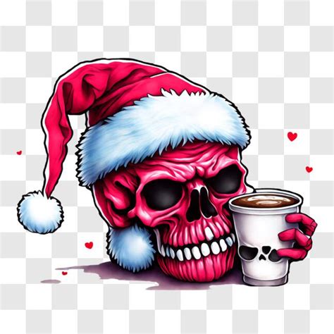 Descarga Calavera rosa con sombrero de Santa tomando café PNG En Línea