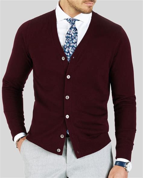 The Burgundy Cardigan Paired With An Admiral Floral Tie And White