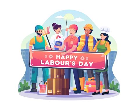 Premium Vector Labor Workers In Different Professions Standing Hold A