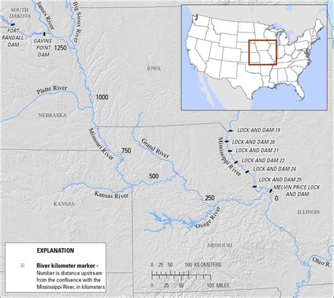 Map of the lower Missouri River from Gavins Point Dam (river kilometer ...