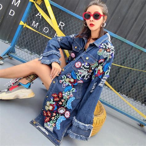 Floral Embroidery Denim Jacket Coat Spring Autumn Long Ripped Tassel