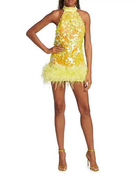 Bronx And Banco Izzy Sequin Feather Mini Dress Yellow Size Au