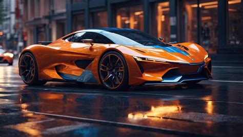 Premium Ai Image Futuristic Blue And Orange Sports Car On City Street