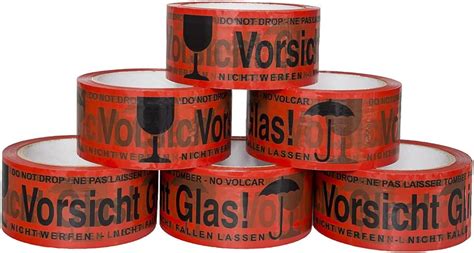 6 Rollen Klebeband Vorsicht Glas Paketband Rot Warnhinweis Signalband