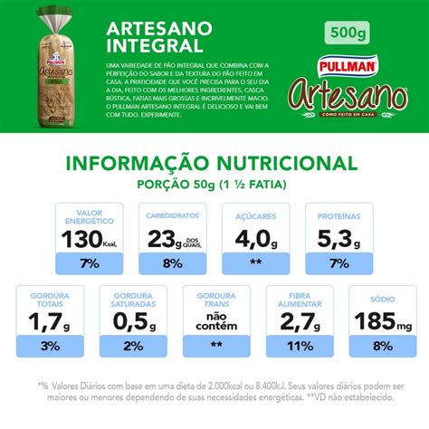 Pão De Forma Integral Tabela Nutricional - Pão de Forma Artesano Integral Pullman 500G | Pão de Açúcar