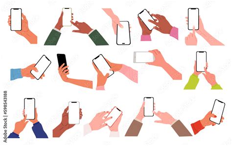 Different Hands Holding Mobile Phones Set Fingers Touching Scrolling